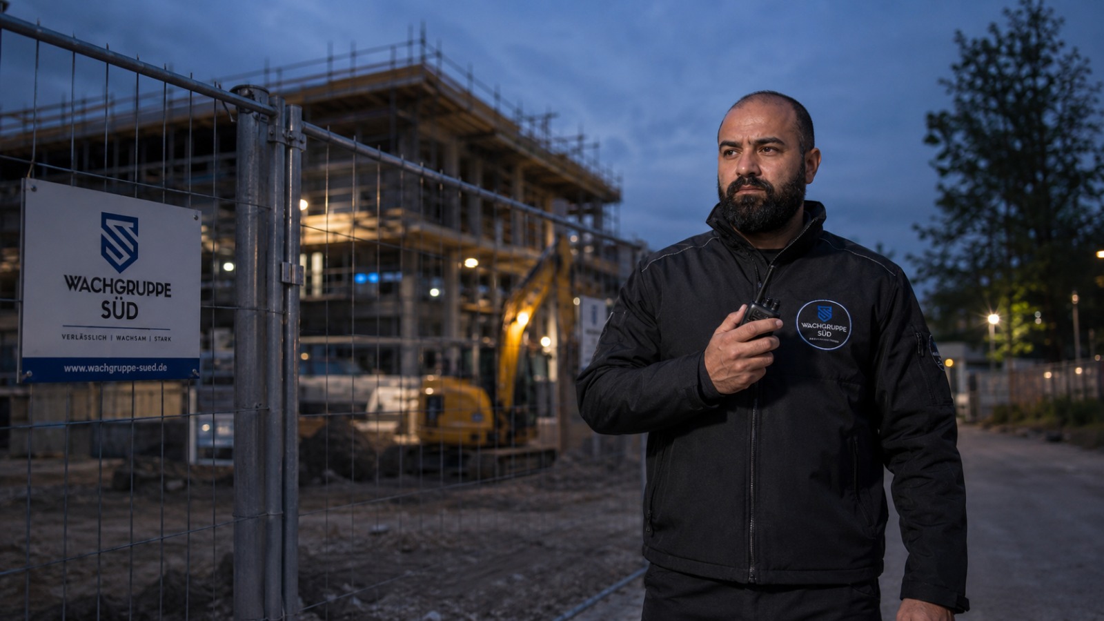 Sicherheitsmitarbeiter bei Nacht auf Baustelle
