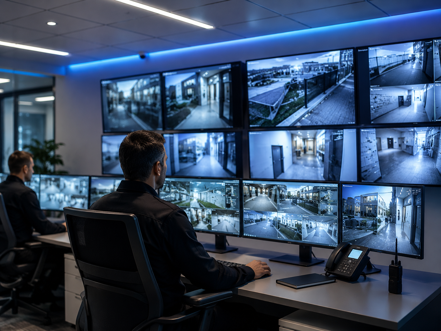 Sicherheitszentrale mit Monitoren für Objektüberwachung