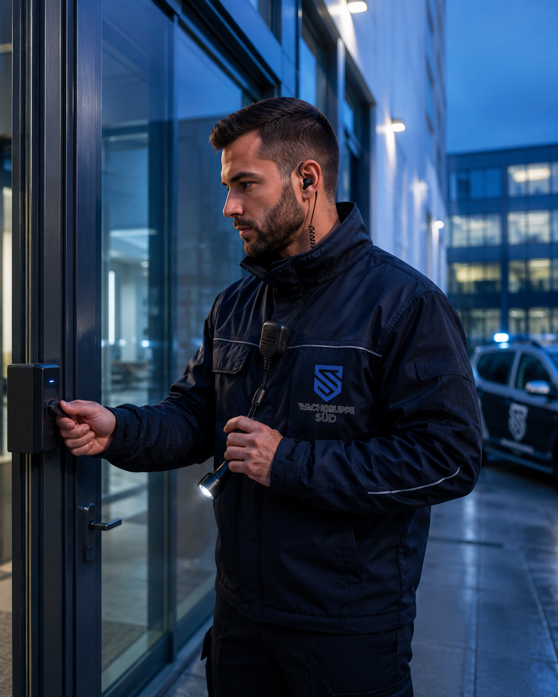 Sicherheitsmitarbeiter prüft Zugang bei Kontrollgang